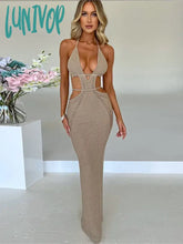 Lunivop Solid Halter Hollow Out Lace Up Women’s Dress Sleeveless Backless Wrapped Hip Dresses